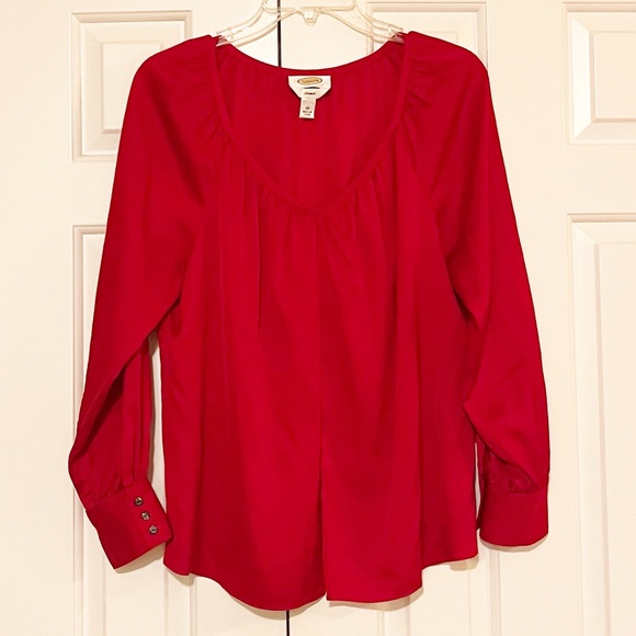 Talbots Tops - Talbots 100% Silk Vibrant V-Neck Red Blouse with ruched collar long sleeves. 10